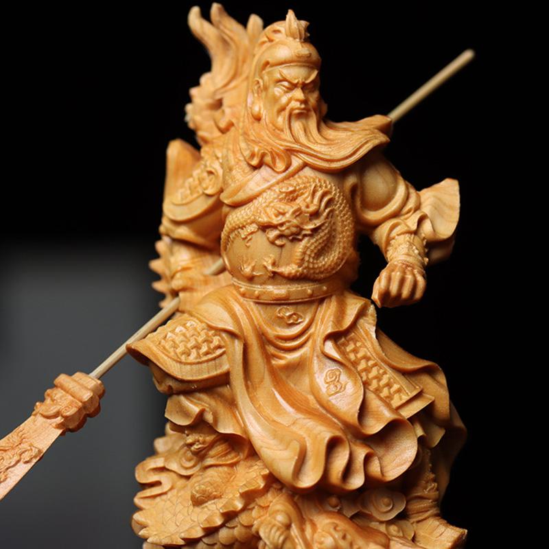Natural Cypress  Nine Dragons Guan Gong Statue Wealth God Guan Gong  Chinese style home, room, office, and character decorations