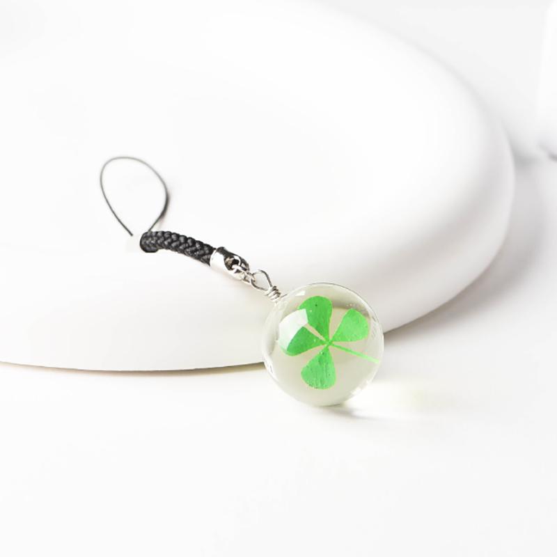 Green Lucky Four Leaf Clover Keychain Creative Dry Flower Glass Pendant Phone Lanyard Car Key Decoration Accessories Girls Gifts