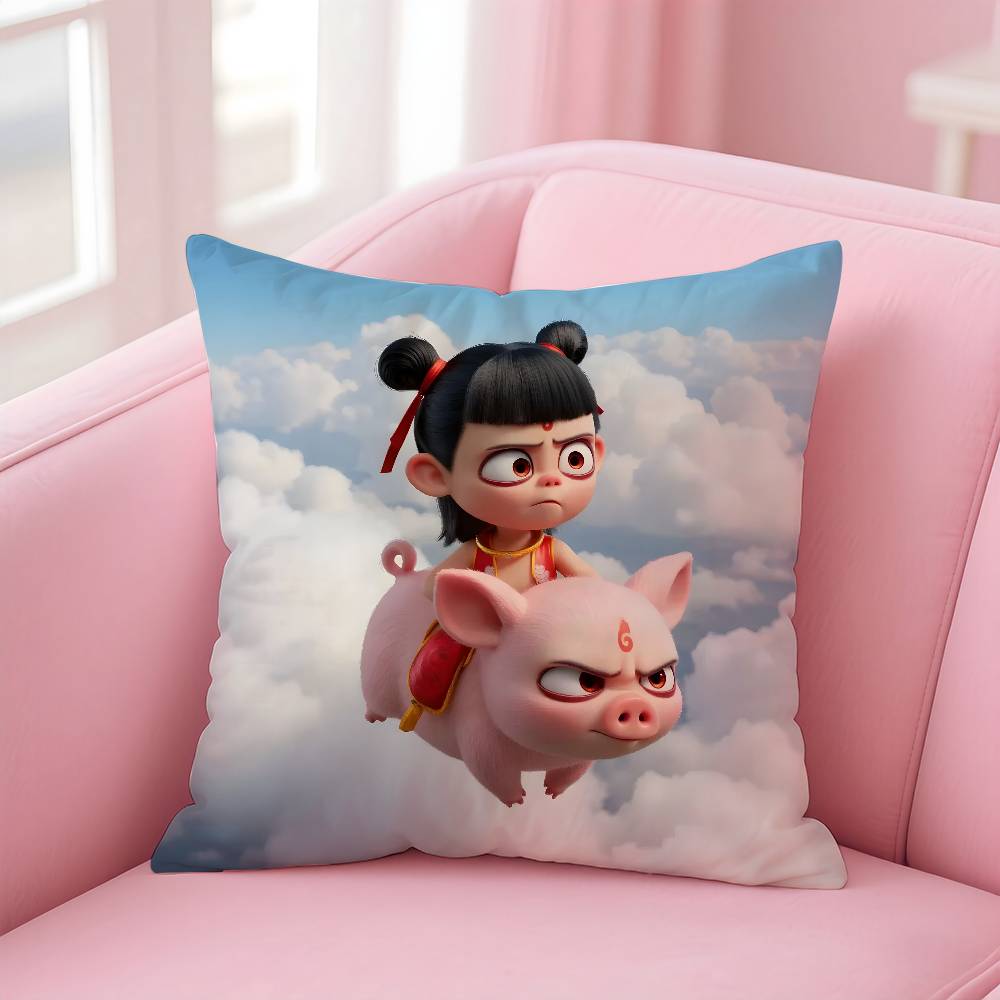 Chinese Anim Nezha Pillow Case Printed Pillowcase for Living Room Sofa Cushion Cover & Bedroom Decor
