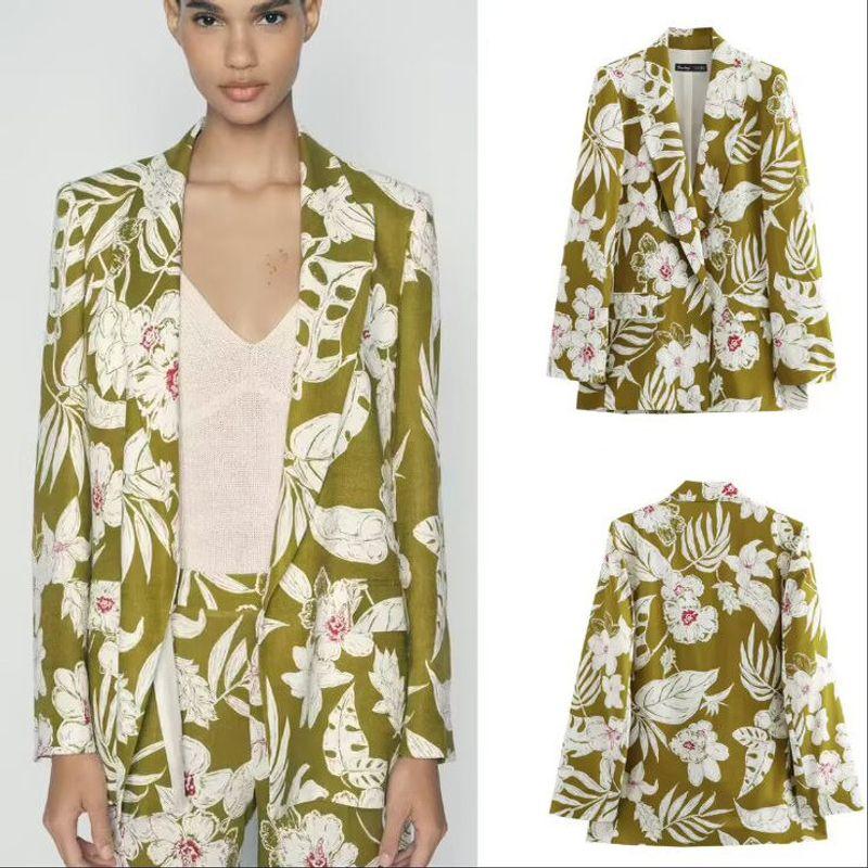 Zbzr Autumn New Women Clothes Western Style Fashion Linen Blend Flowers Print Blazers 8092711