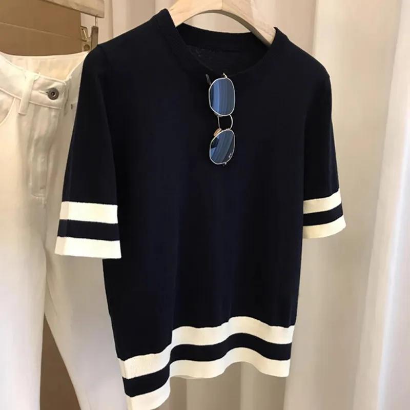 Women Summer Casual Striped Knit Top Crew Neck Short Sleeve Contrast Cuff Tee S