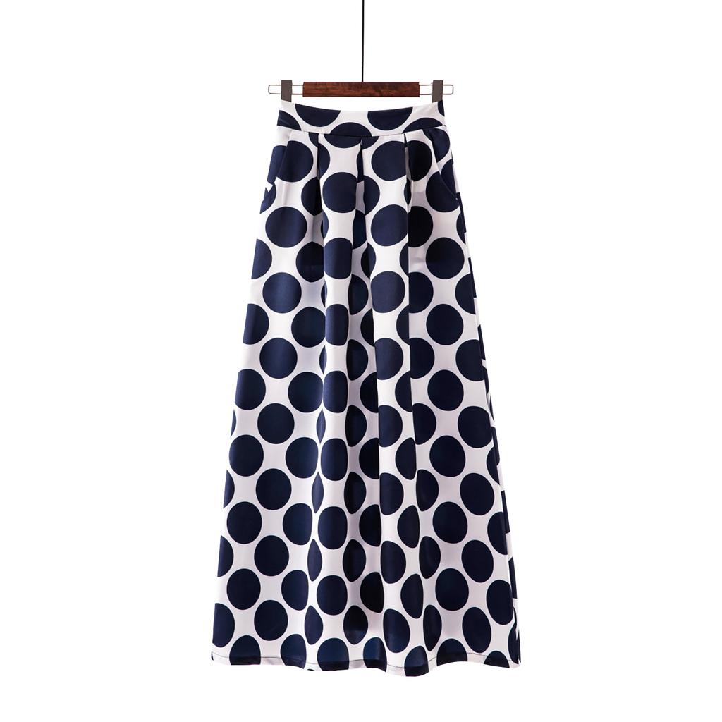 Women's Summer Fashion Casual Big Wave Dot Printing Elastic Waist Big Swing Pocket Long-skirt