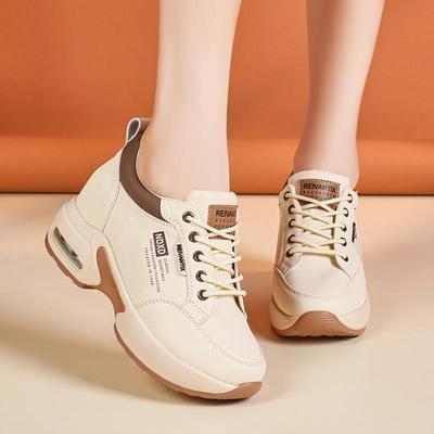 2025 Autumn Women's White Leather Height-Increasing Sneakers with Thick Soles - New Fashion Versatile Casual Sports Shoes