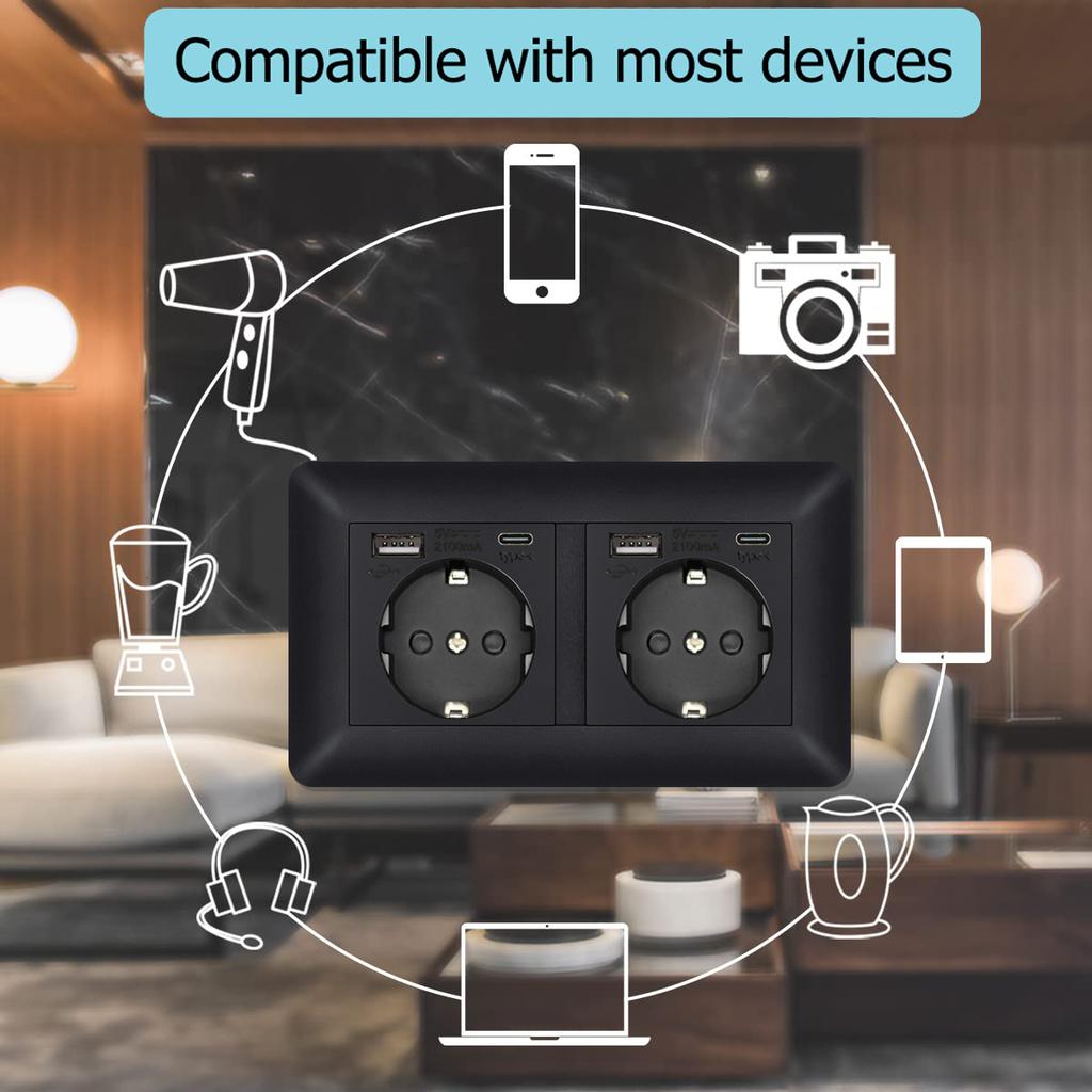 EIOMR EU Outlet with Usb Type-c Charging Port Black Curved Flame Retardant PC Panel 86mm Single Socket and 146mm Double Socket