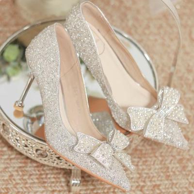 New Sequined High Heels, Women's Bow Pearl Bridesmaid Engagement Shoes, Slim Heels, Not Tiring Feet, Banquet Pumps Shoes