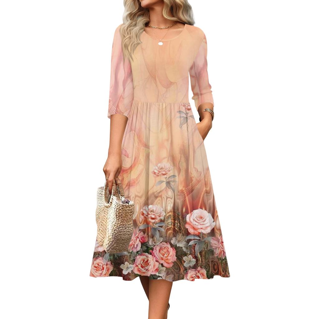 Rochie de damă cu mâneci 3/4, casual, fluidă, în A, midi, tip tricou, cu buzunare, cu gât rotund, pentru vacanță, boho, de plajă, de vară