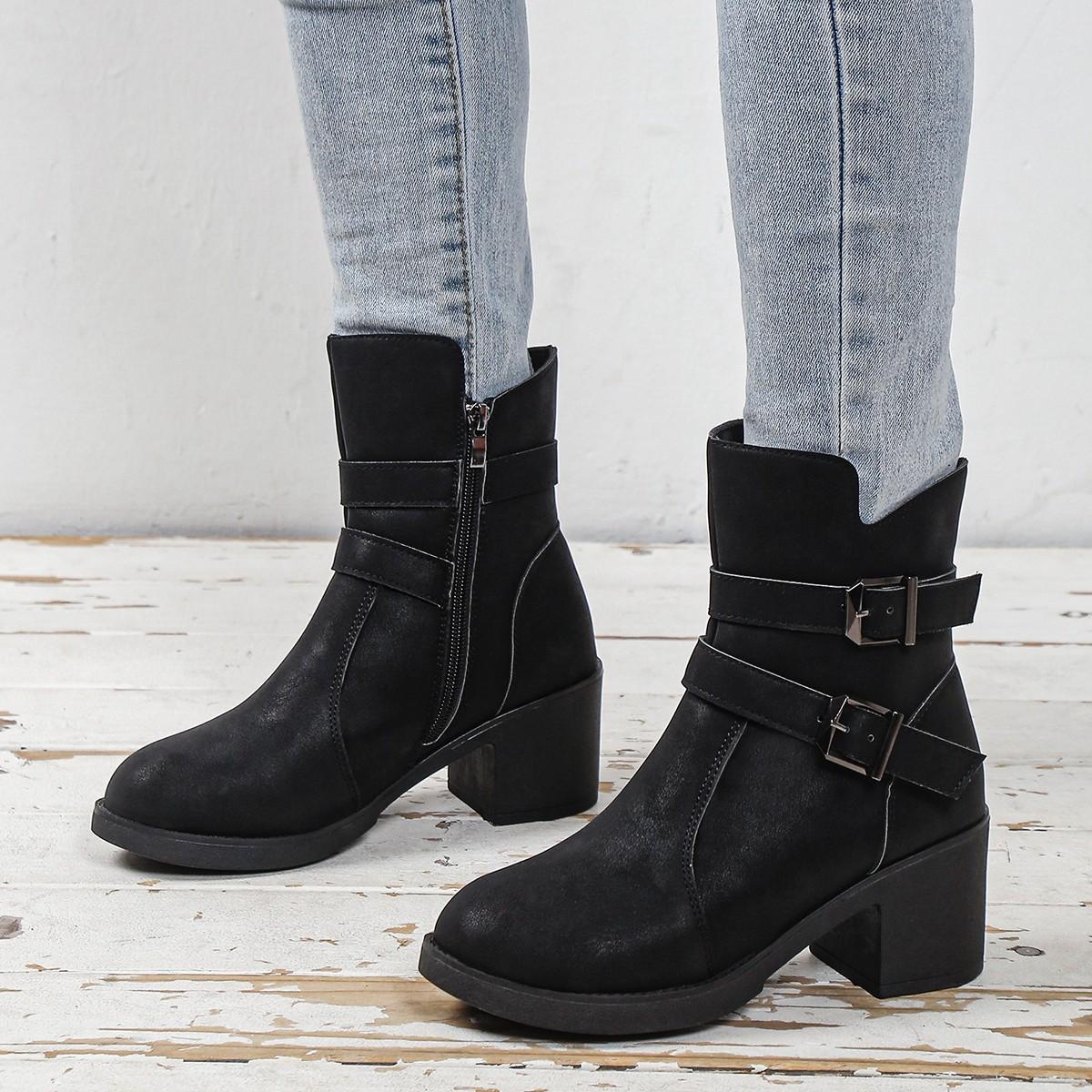 

2025wish independent station large size thick heel Martin boots 2025 spring and autumn new metal buckle short women s boots 42 чорний