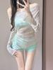One-piece suspender swimsuit women's summer 1011 new conservative solid color lace off-the-shoulder sexy girl swimsuit