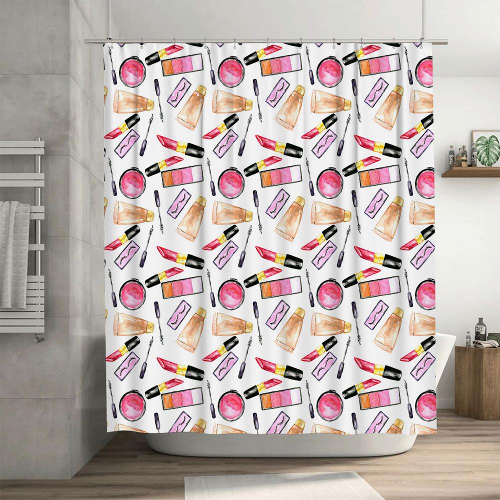 Watercolor Pink Lipstick Makeup Pattern Shower Curtain For Bathroom Decor Waterproof Fabric Print Bath Mat Decoration In Kitchen