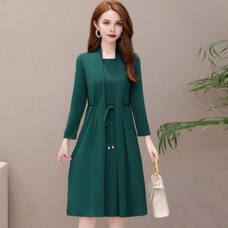 Elegant Plus Size Lady Dress Formal Office Commuting Midi Dress Long Sleeve A-line Lace-up Strap Fake Two-piece Style