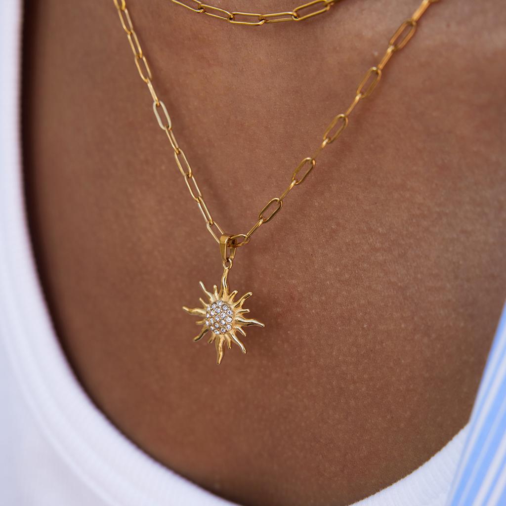 Youthway Double - Layer Necklace With White Rhinestone Sun Pendant Stainless Steel With  Gold Color Women'S Summer Necklace