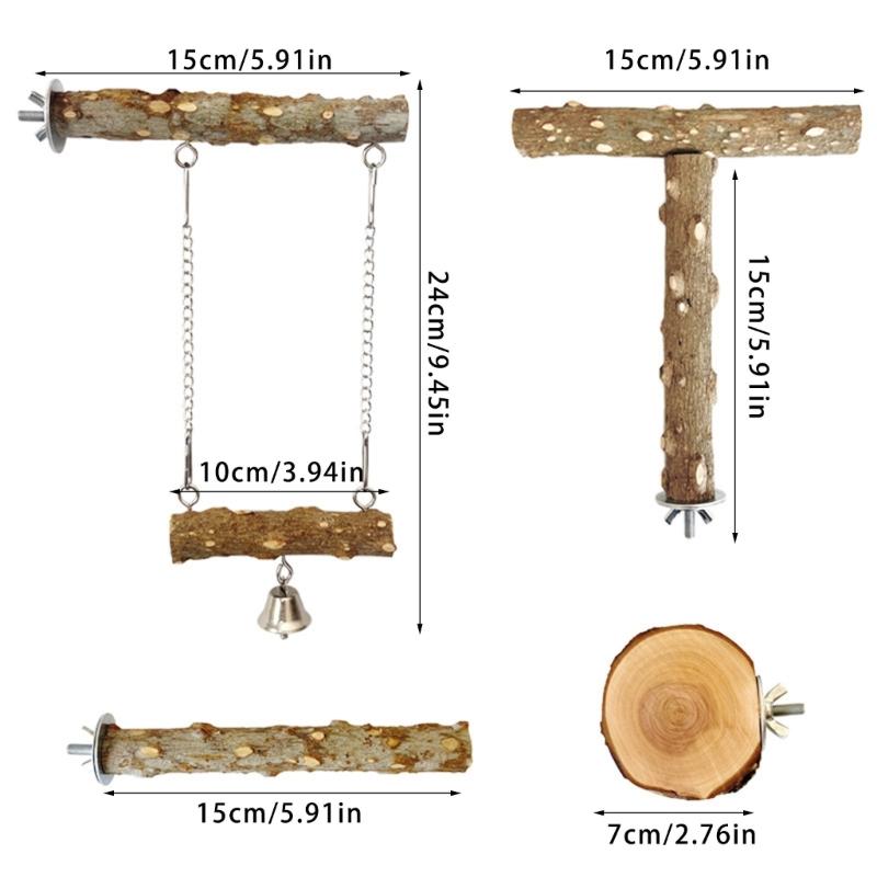 4PCS Natural Wood Parrot Perch Toy Set Includes Swing Platform And Climbing Accessories For Bird Engaging Play