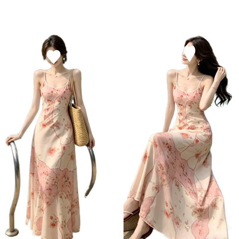 Spring and summer romantic atmosphere splicing printing elastic mesh yarn suspender dress women's trendy new holiday style