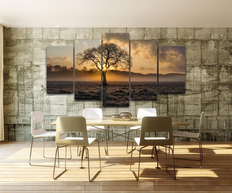 

5 Panel Poster Sunrise Tree Landscape Photo For Living Room Decor Canvas Painting Vintage Wall Art Printed Pictures 20X35 20X45 20X55CM