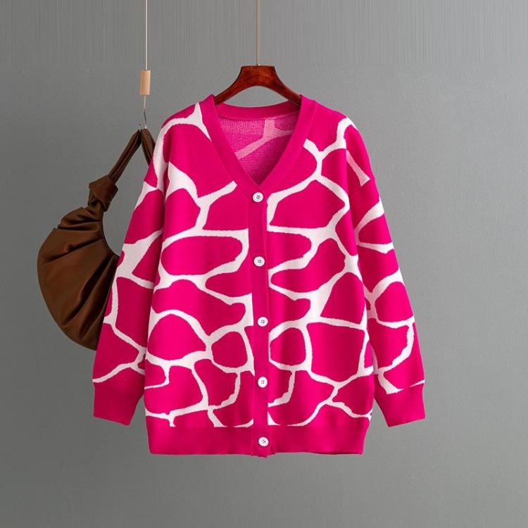 Autumn Winter Women Jacquard Sweater Loose Knit Coat V Neck Long Patterned