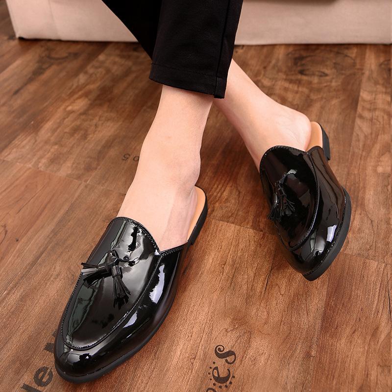 Fashion Black Half Shoes for Men Mules Slippers Leather Shoes Casual Shoes Men Fashion Sapato Social Masculino Mocassin Homme Chaussure