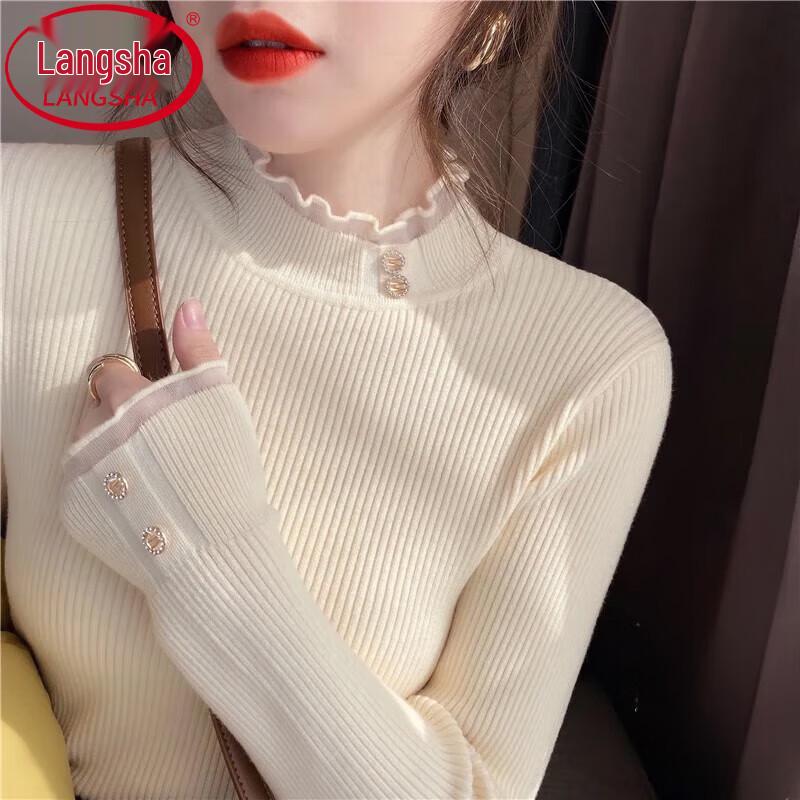 

Langsha Women s Slim Fit Semi-High Collar Lace Knit Base Layer Sweater One Size (fits 80-140 jin)