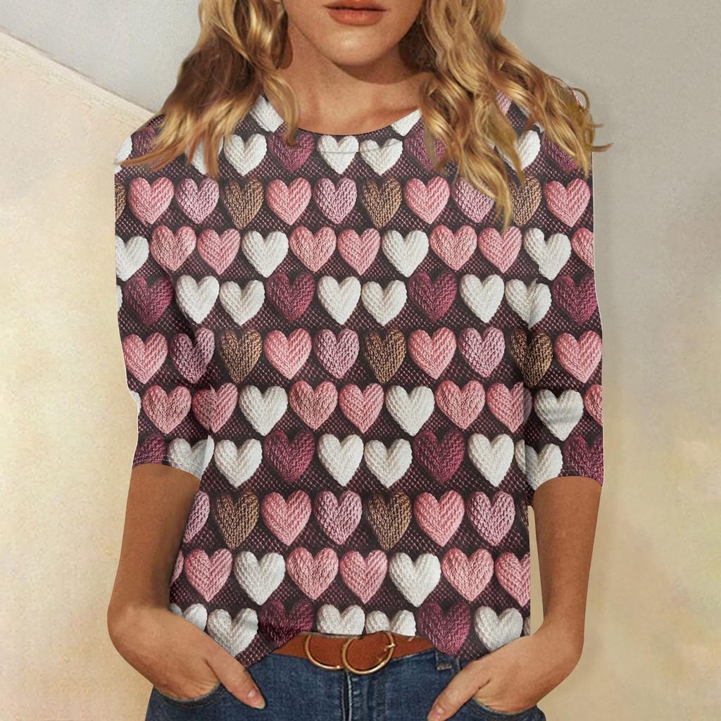 Women's Fashion Casual Round Neck 3/4 Sleeve Loose Printed T-Shirt Ladies Top