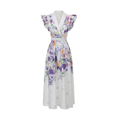 Nuovo Arrivo Estate 2026 Abito Lungo Slim da Festa con Scollo a V e Maniche a Sbuffo per Donna Stile Pittura ad Olio Vintage con Blocchi di Colore e Stampa Floreale Maxi Dress