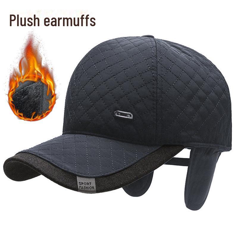 

Зимняя бейсболка с ромбовидной вышивкой и защитой ушей для мужчин среднего и пожилого возраста One Size Adjustable темно-синий