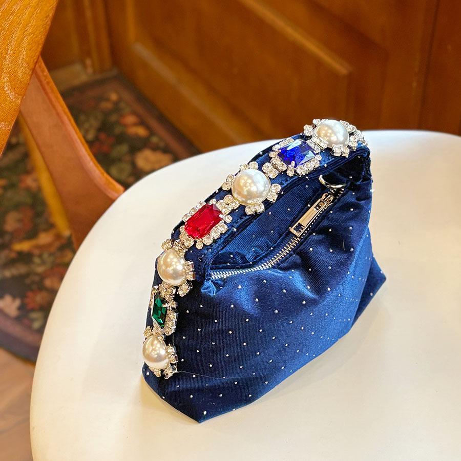 Luxury Pearls Dot Women's Bag Fashion Velvet Rhinestone Handbags Diamond Crystal Wedding Evening Bag Shoulder Crossbody Bags