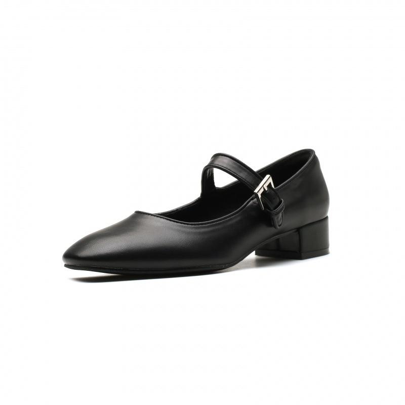 

2024 spring new French pointed silver light mouth Mary Jane single shoes women s middle heel one-word buckle belt thick heel single shoes 40 чорний