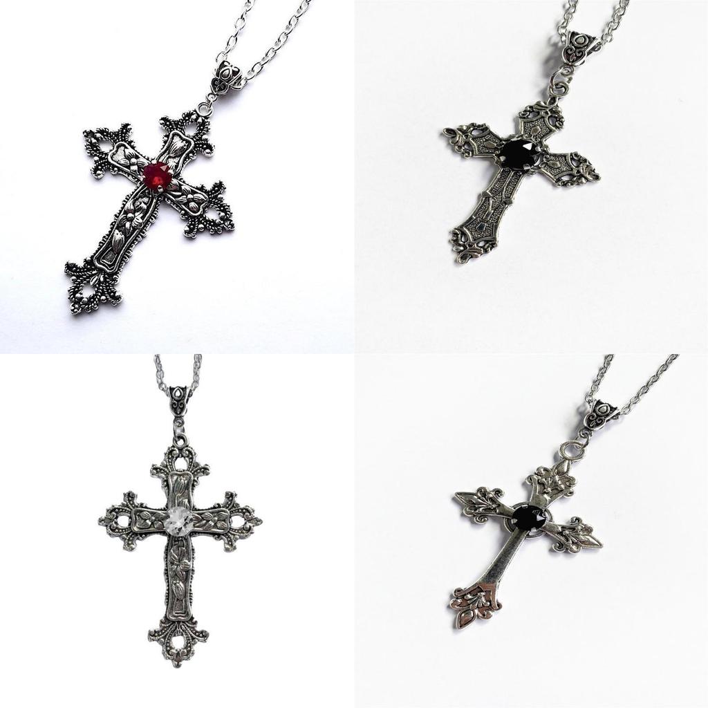 Gothic Cross Pendant Necklace With Flower Pattern Alloy Chain Jewelry For Party Wear