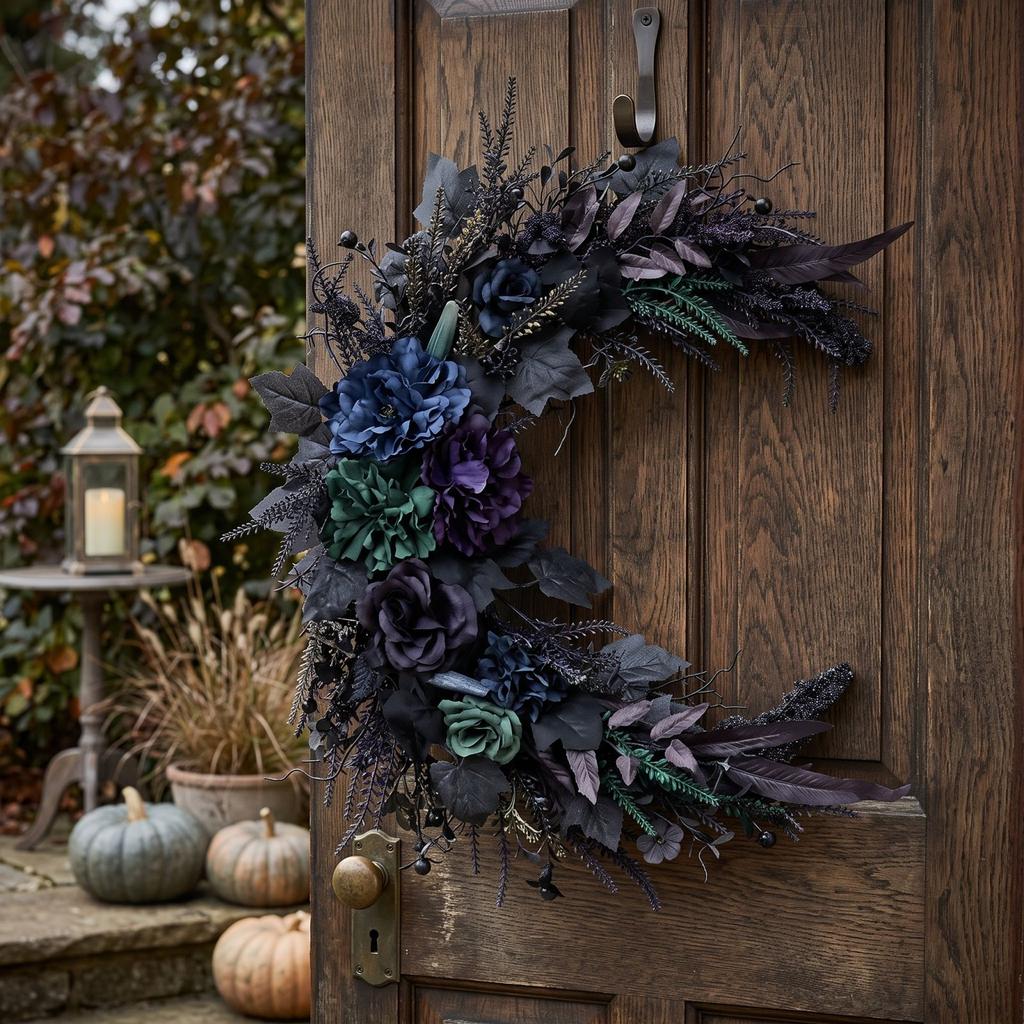 Artificial Flower Wreath for Halloween Front Door Decor, Fall Porch Decoration