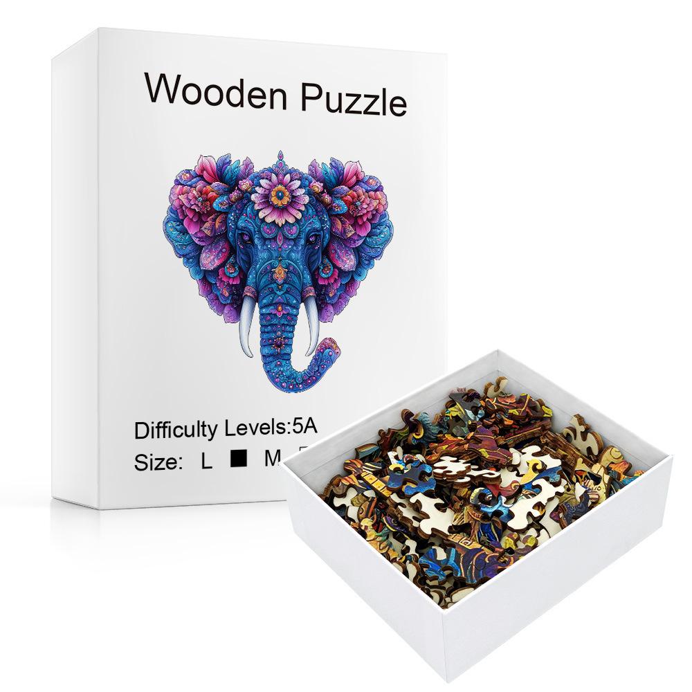 Elephant With Flowers Wooden Puzzle Irregular Small Animal Pieces Flat Wooden Puzzle