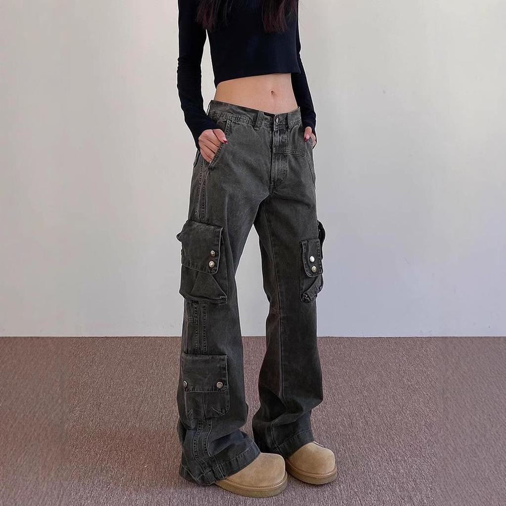 Women's Tie-Dye Distressed Cargo Pants - Versatile Straight-Leg with Slight Flare