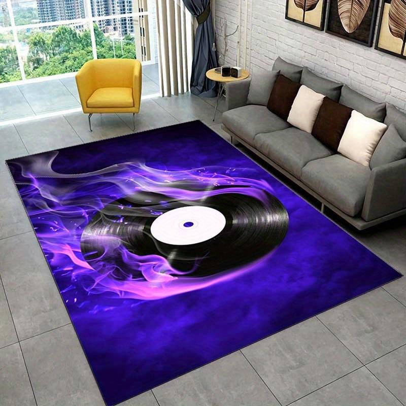 Purple Vinyl Record Flame Rug for Music Lover's Room Groovy Retro Carpet Audiophile Decor Anti slip carpet can be machine washed