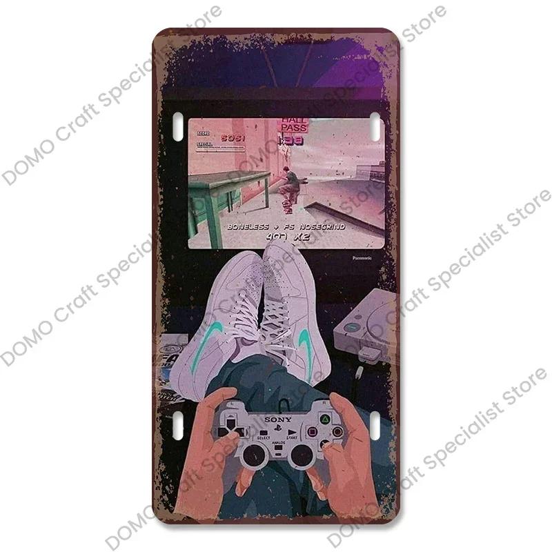 Placă de înmatriculare pentru jocuri video Placă metalică Vintage Playstation Gamer Poster metalic din tablă Decor de perete pentru cameră de joacă pentru băieți acasă