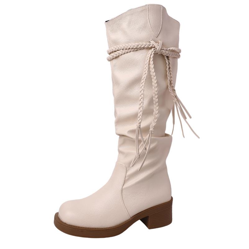 Fashion tribe fringed wind knight boots women's 2025 autumn and winter new thick heel but knee pile boots fashion boots