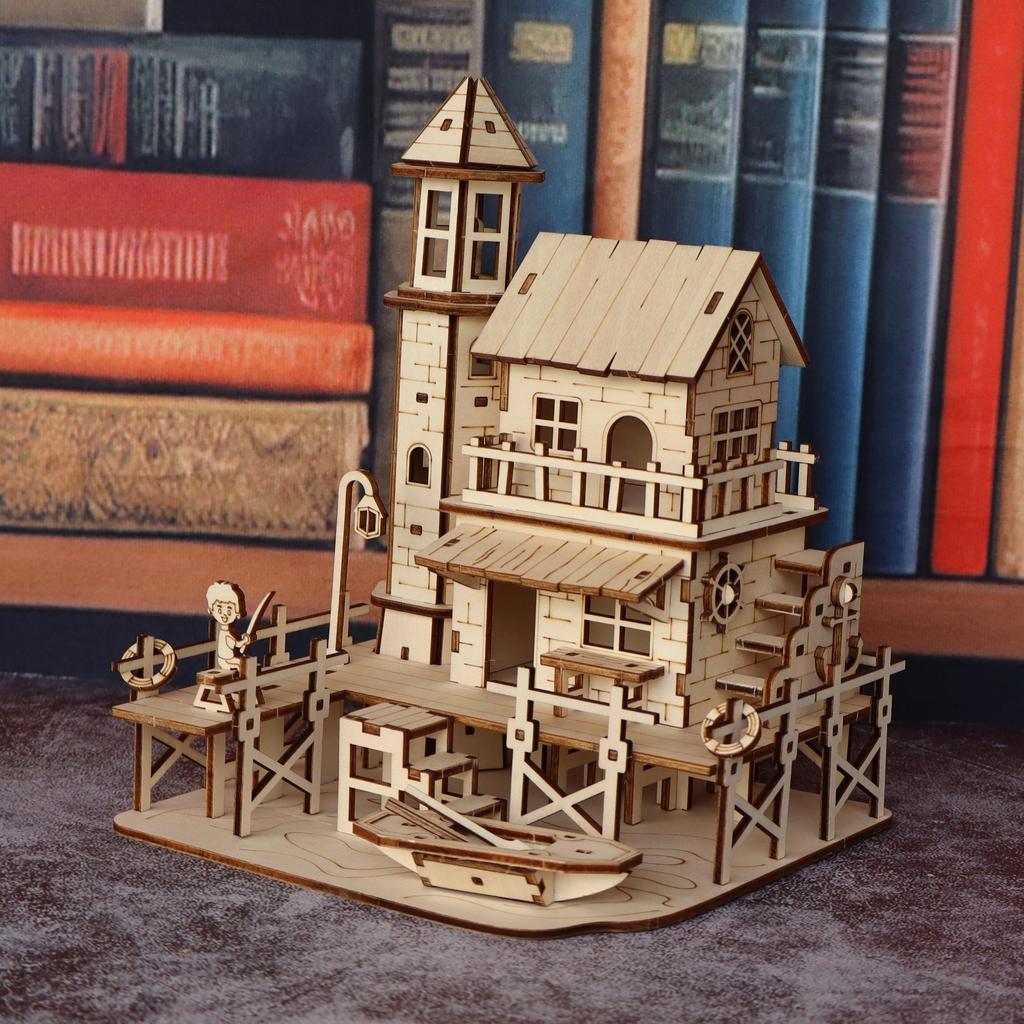 Fisherman's cabin wooden assembly model kit, handmade DIY 3D wooden puzzle fishing village building model