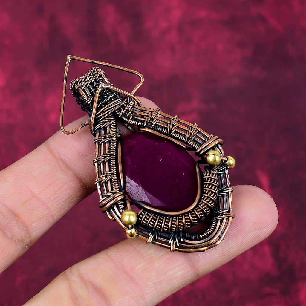 Faceted Kashmir Ruby Pendant Dainty Gemstone Pendant Copper Wire Wrapped Jewelry