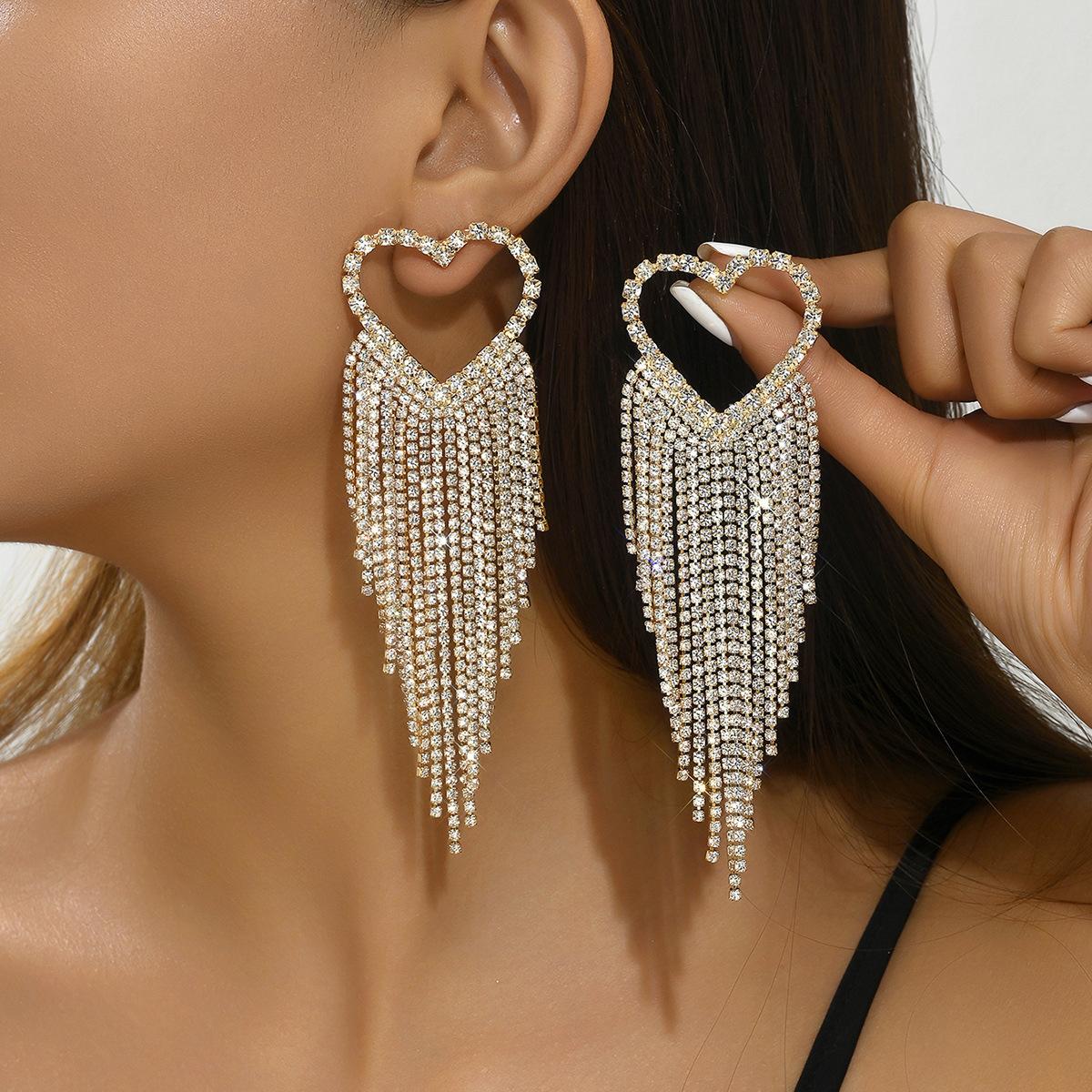 Exaggerated Full Diamond Tassel Love Earrings Stud Earrings Women S Luxury High Sense Personalized Fashion Earrings Long Earrings