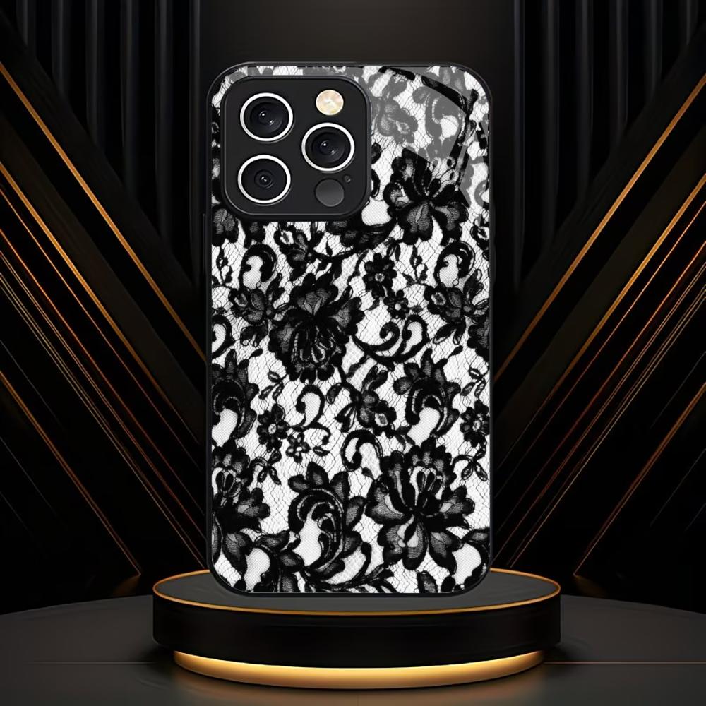 Trendy Black & White Lace phone case mobile phones for iphone 17 pro max cover Glass for iPhone 17 16 15 14 13 12 11pm Pro Plus
