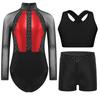 Mädchen Gymnastik Tanz Outfit Netz Langarm Strassstein Unitard Kreuzrücken Weste Bund Shorts