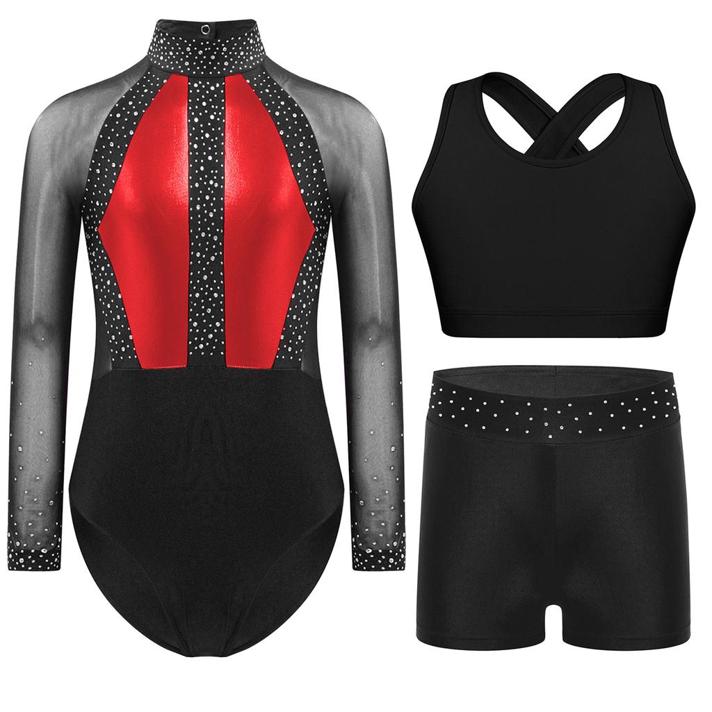 Mädchen Gymnastik Tanz Outfit Netz Langarm Strassstein Unitard Kreuzrücken Weste Bund Shorts