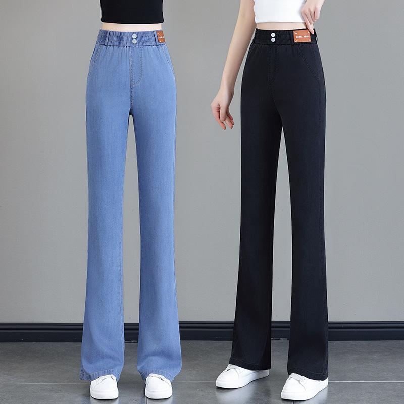 Women's High Waist Elastic Waist Flare Jeans Slim Micro Flared Denim Pants Summer Thin Lyocell Casual Trousers