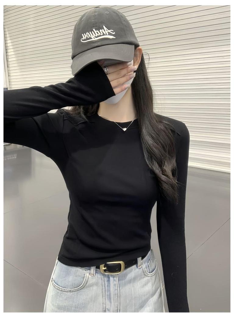 2025 Autumn Women's Round Neck Fishbone Shoulder Slimming Long Sleeve Top