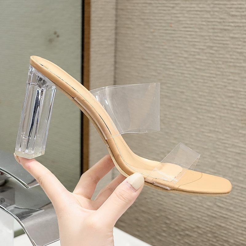 Cool Slippers Women's Thick Heel Summer High Heel Transparent One-word Slippers Crystal and Half Drag Cool Slippers