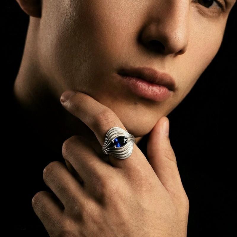 Adjustable Open Ring With Nebula Eye Motif Blue Zircon Geometric Wave Unisex Vintage Statement