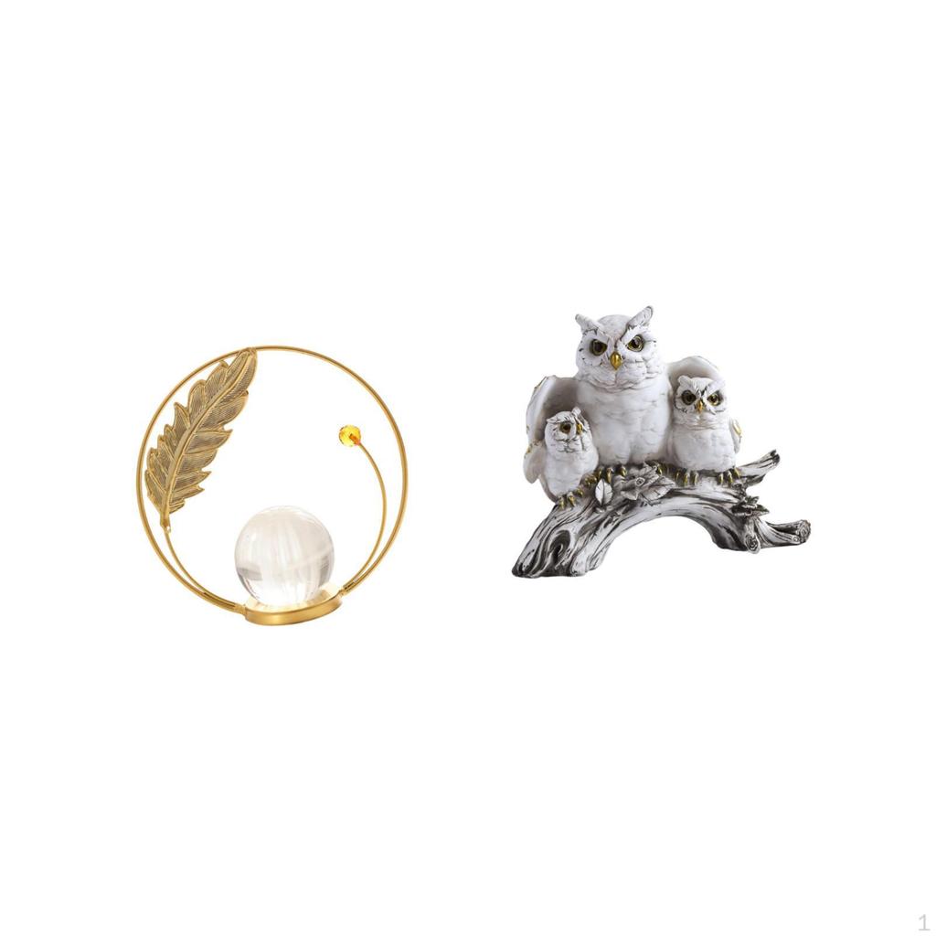 Crystal Owl Ball Sculpture Metal Figurine Desk Ornament Statue Stand for Hallway Fireplace Bedroom