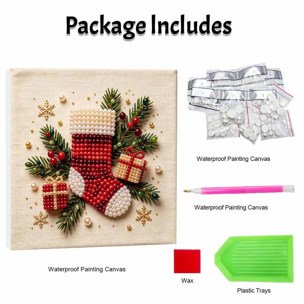 DIY 5D Perlenmalerei-Set Gerahmt mit Weihnachtsstrumpf-Geschenkdesign Funkelndes Perlen-Leinwandbild Kreatives Geschenk für Kinderzimmerdekoration