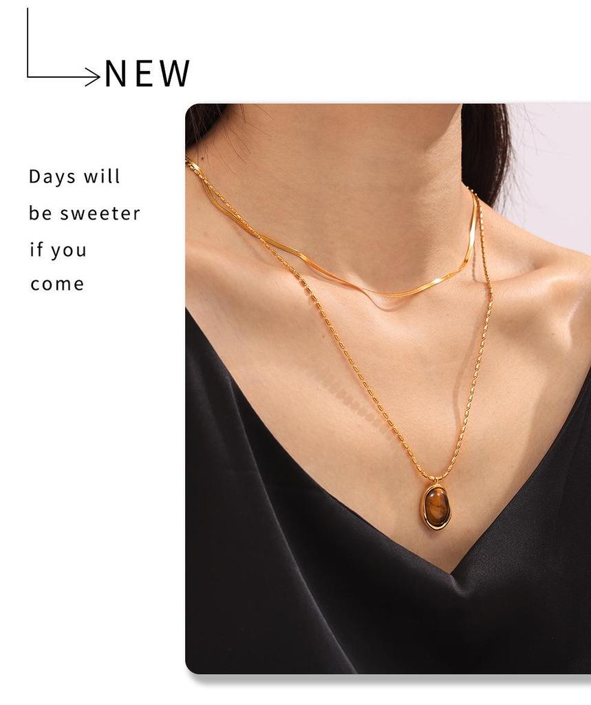 French-Inspired Oval Tiger Eye Pendant Necklace - 18K Gold-Plated Titanium Steel