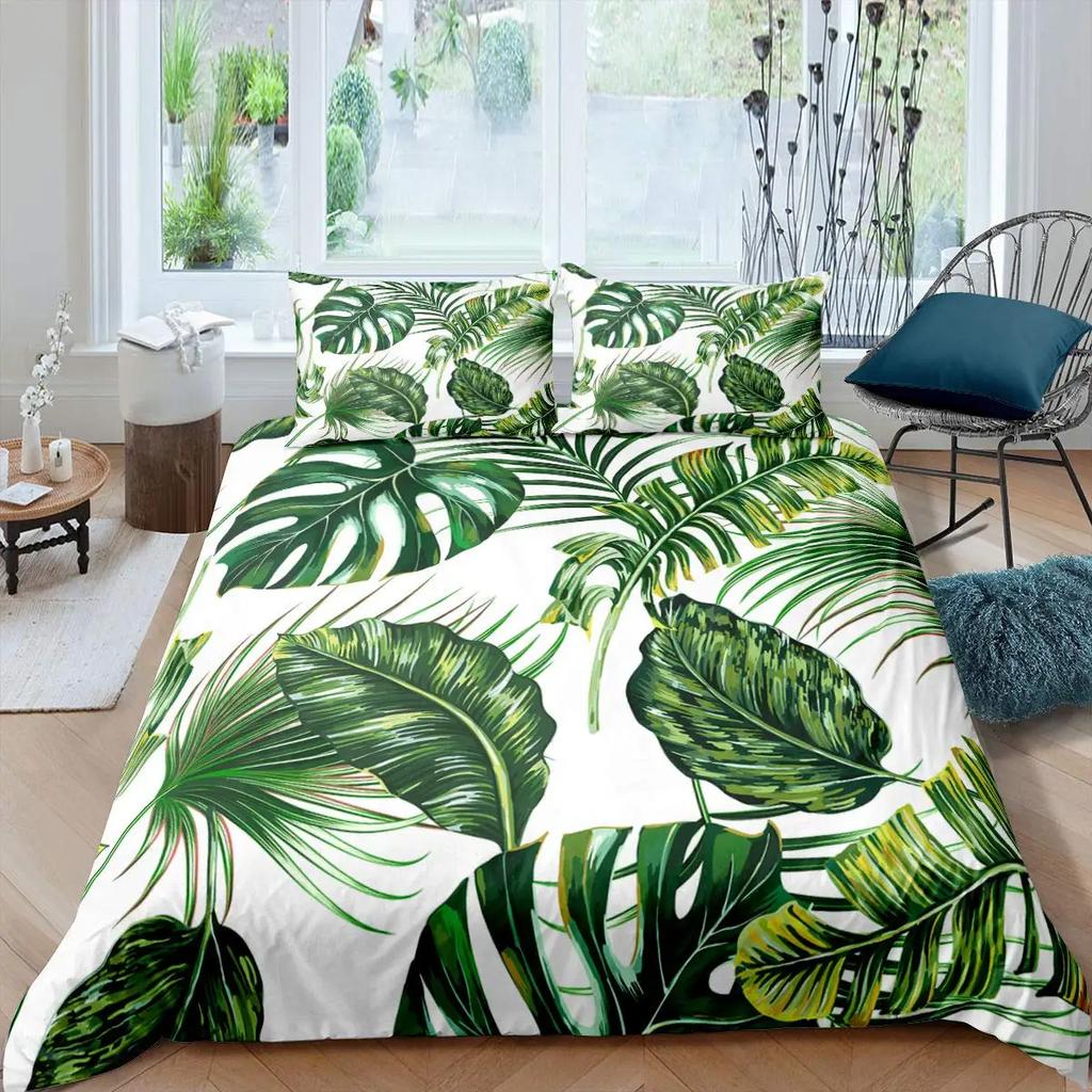 Leaf Duvet Cover Set Romantic Holiday Island Hawaiian Banana Trees Bedding Set Double Queen King Full Size Polyester Qulit Cover