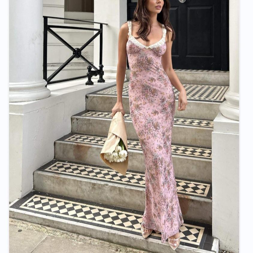 European and American sexy women's new spaghetti strap dress, floral sleeveless long dress, one-step dress