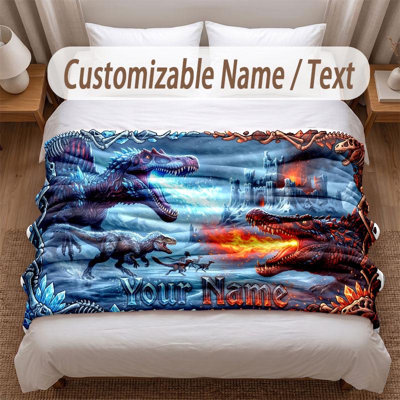 Dinosaur Theme Soft Blanket Personalized Custom Name Text Print Warm Blanket Home Sofa Bedroom Decor