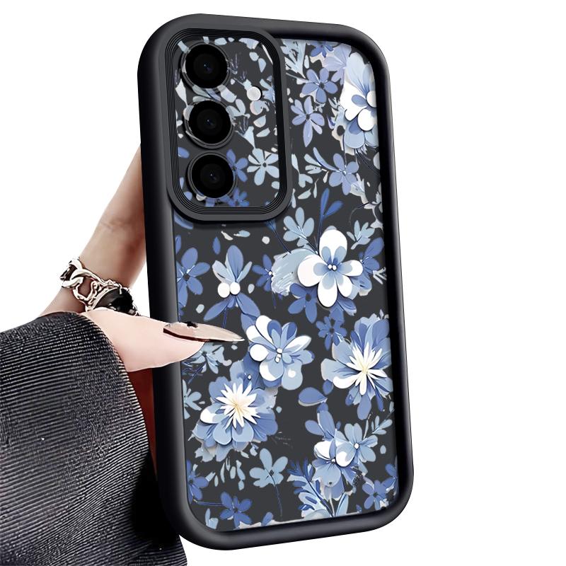 Blue and White Flowers Case For Samsung Galaxy A57 A37 A17 A56 A36 A26 A16 5G A55 A35 A15 A54 S21 FE S22 S23 S24 Plus S25 Edge S26 Ultra Cover